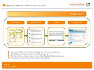 Valoraci ón: El cliente valora los productos/servicios de la organización Planificaci ón: El cliente prioriza la cola de producción Diseño: El cliente propone los nuevos servicios/funcionalidades del producto Producci ón: Los clientes son los creadores del producto Planificaci ón   Producci ón Diseño Valoraci ón   Adoptar un modelo de desarrollo de producto 2.0 F Producto 2.0 SocialTec  31 de marzo de 2008 