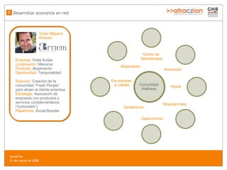 Comunidad Wellness Desarrollar econom ía en red F Empresa :  Hotel Audax Localización:  Menorca Producto:  Alojamiento Oportunidad:  Temporalidad Solución:  Creación de la comunidad “Fresh People” para atraer al cliente empresa Estrategia:  Asociación de empresas con productos y servicios complementarios (“turbosales”) Plataforma:  Social Booster  V íctor Mayans Director   Gastronom ía Senderismo Excursiones  a caballo Alojamiento Centro de  talasoterapia Animaci ón Mountain bike Kayak SocialTec  31 de marzo de 2008 