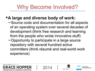 Why Become Involved? 
A large and diverse body of work: 
−Source code and documentation for all aspects 
of an operating ...