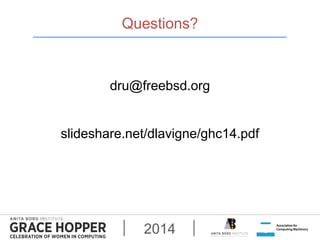 Questions? 
dru@freebsd.org 
slideshare.net/dlavigne/ghc14.pdf 
2014 
 