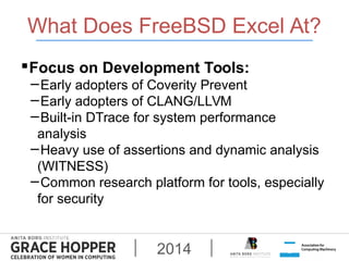 What Does FreeBSD Excel At? 
Focus on Development Tools: 
−Early adopters of Coverity Prevent 
−Early adopters of CLANG/L...