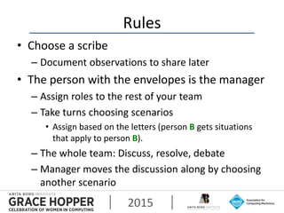 2015
Rules
• Choose a scribe
– Document observations to share later
• The person with the envelopes is the manager
– Assig...