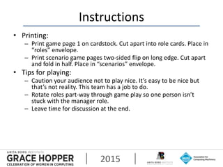 2015
Instructions
• Printing:
– Print game page 1 on cardstock. Cut apart into role cards. Place in
“roles” envelope.
– Pr...