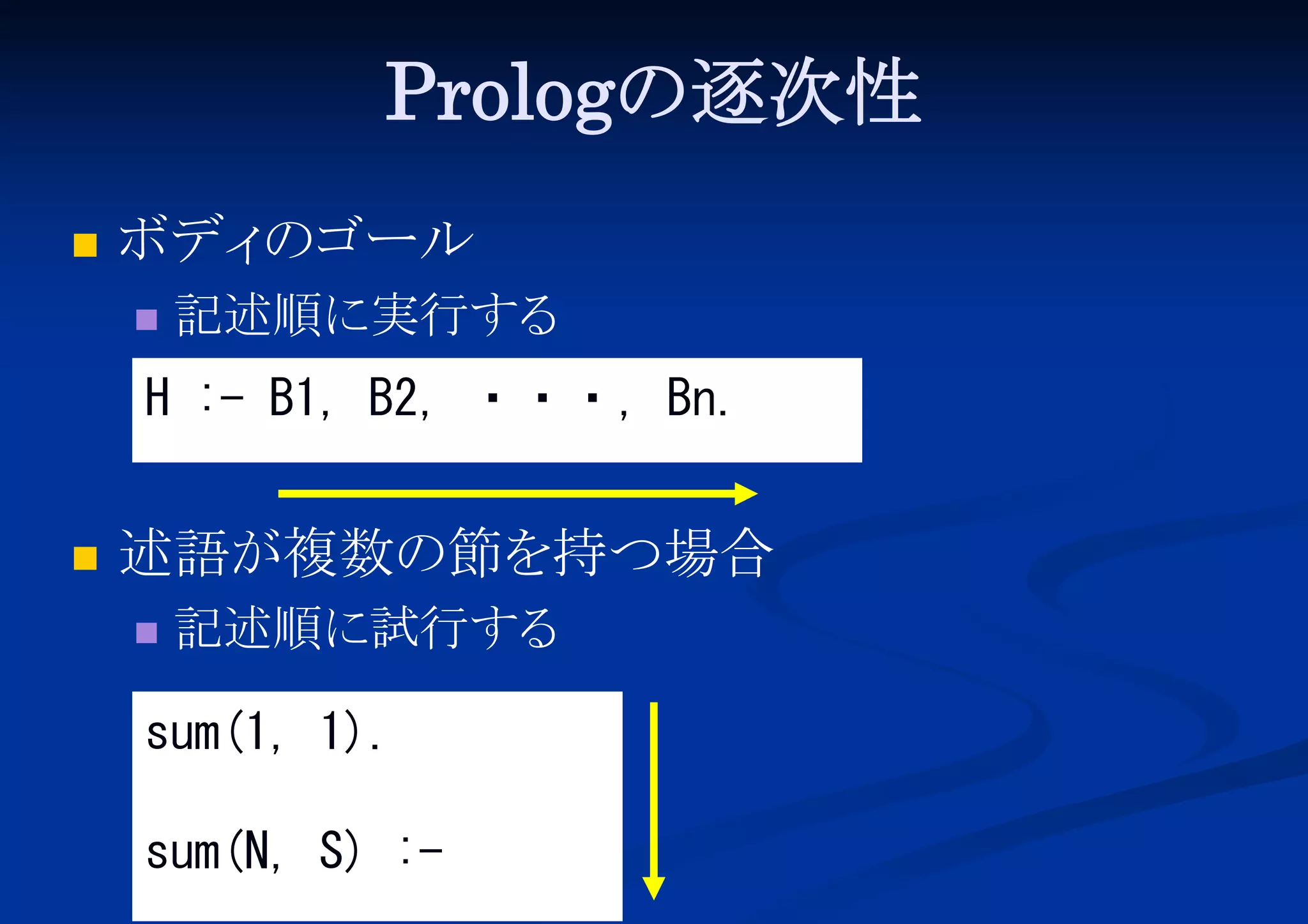 Prologの逐次性


ボディ
のゴール


記述順に実行する

H :- B1, B2, ・・・, Bn.


述語が複数の節を持つ場合


記述順に試行する

sum(1, 1).
sum(N, S) :-

 