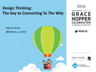 PAGE	1 |				GRACE	HOPPER	CELEBRATION	2016			 |	 #GHC16
PRESENTED	BY	THE	ANITA	BORG	INSTITUTE	AND	THE	ASSOCIATION	FOR	COMPUTING	MACHINERY	
#GHC16
2016Design	Thinking:
The	Key	to	Connecting	To	The	Why
Kathryn	Kuhn
@Kathryn_e_Kuhn
 
