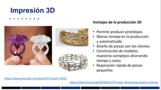 Impresión 3D
https://3duniverse.org/2019/01/17/5-ways-3d-printing-jewelry-making
Ventajas de la producción 3D
• Permite producir prototipos
• Menos tiempo en la producción
y automatizada
• Diseño de piezas con los clientes
• Construcción de modelos
maestros complejos ahorrando
tiempo y costo
• Reparación rápida de piezas
pequeñas
https://www.youtube.com/watch?v=Pyq1H-Ys3XU
 