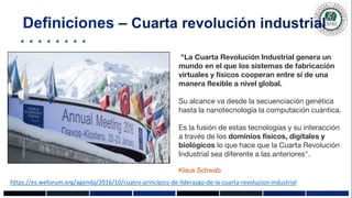 Definiciones – Cuarta revolución industrial
"La Cuarta Revolución Industrial genera un
mundo en el que los sistemas de fabricación
virtuales y físicos cooperan entre sí de una
manera flexible a nivel global.
Su alcance va desde la secuenciación genética
hasta la nanotecnología la computación cuántica.
Es la fusión de estas tecnologías y su interacción
a través de los dominios físicos, digitales y
biológicos lo que hace que la Cuarta Revolución
Industrial sea diferente a las anteriores".
Klaus Schwab
https://es.weforum.org/agenda/2016/10/cuatro-principios-de-liderazgo-de-la-cuarta-revolucion-industrial
 
