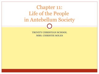 Chapter 11:
Life of the People
in Antebellum Society
TRINITY CHRISTIAN SCHOOL
MRS. CHRISTIE SOLES

 