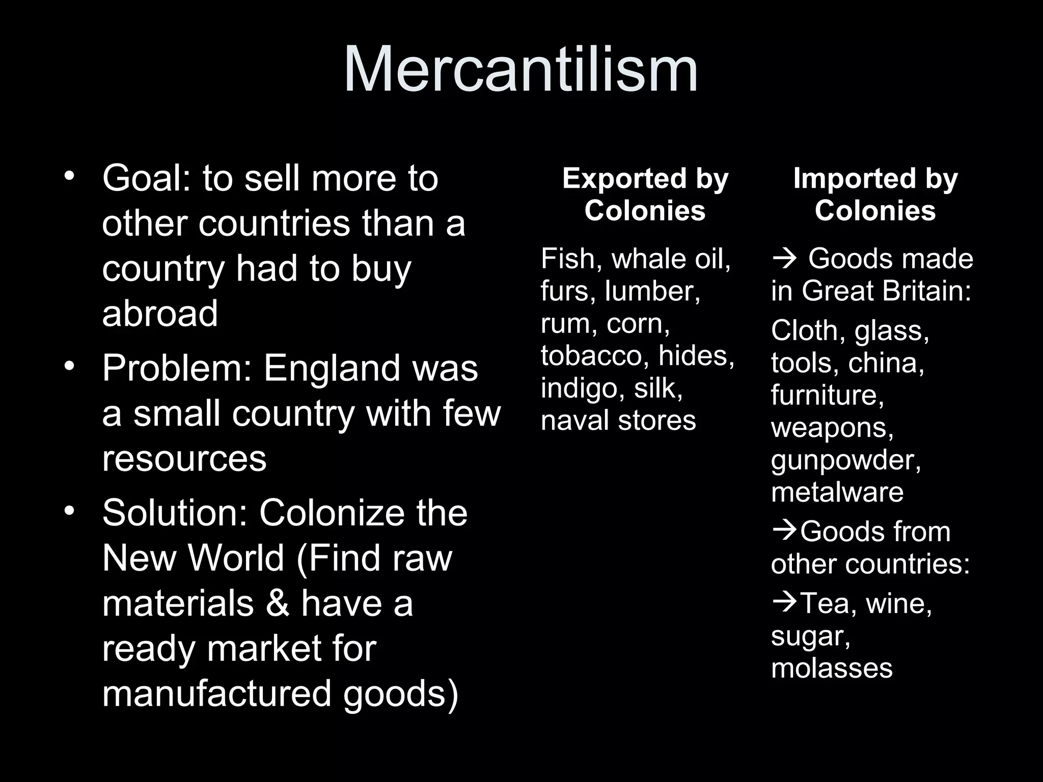 Mercantilism
• Goal: to sell more to
other countries than a
country had to buy
abroad
• Problem: England was
a small country with few
resources
• Solution: Colonize the
New World (Find raw
materials & have a
ready market for
manufactured goods)
Exported by
Colonies
Imported by
Colonies
Fish, whale oil,
furs, lumber,
rum, corn,
tobacco, hides,
indigo, silk,
naval stores
 Goods made
in Great Britain:
Cloth, glass,
tools, china,
furniture,
weapons,
gunpowder,
metalware
Goods from
other countries:
Tea, wine,
sugar,
molasses
 