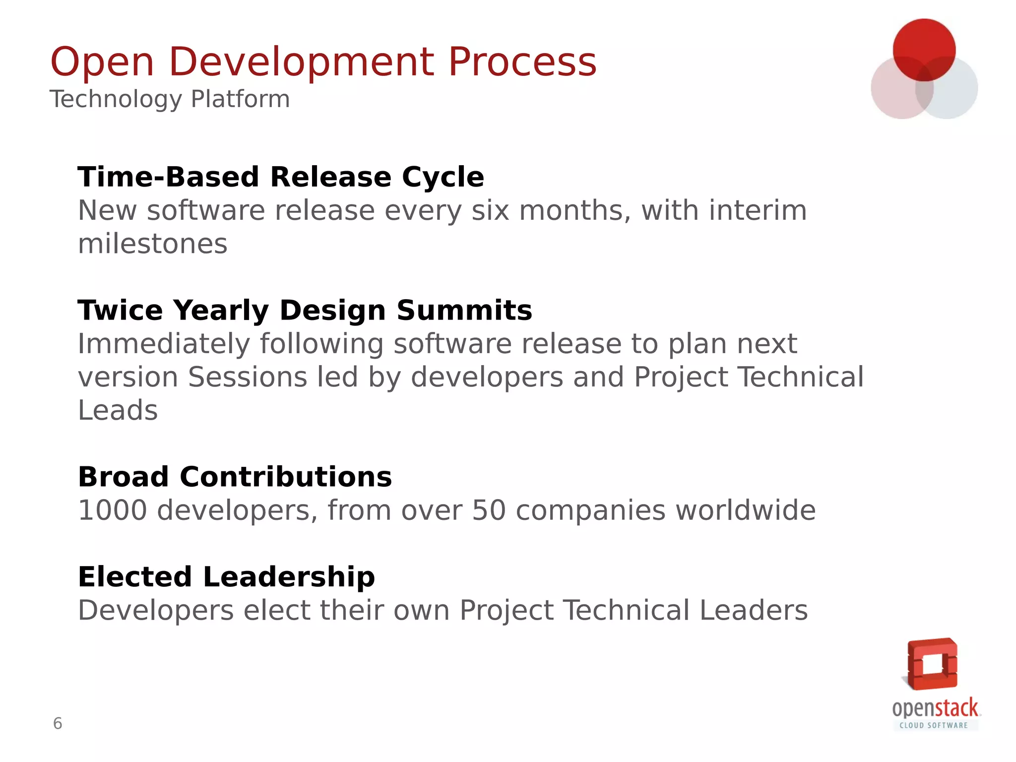 6
Time-Based Release Cycle
New software release every six months, with interim
milestones
Twice Yearly Design Summits
Immediately following software release to plan next
version Sessions led by developers and Project Technical
Leads
Broad Contributions
1000 developers, from over 50 companies worldwide
Elected Leadership
Developers elect their own Project Technical Leaders
Open Development Process
Technology Platform
 