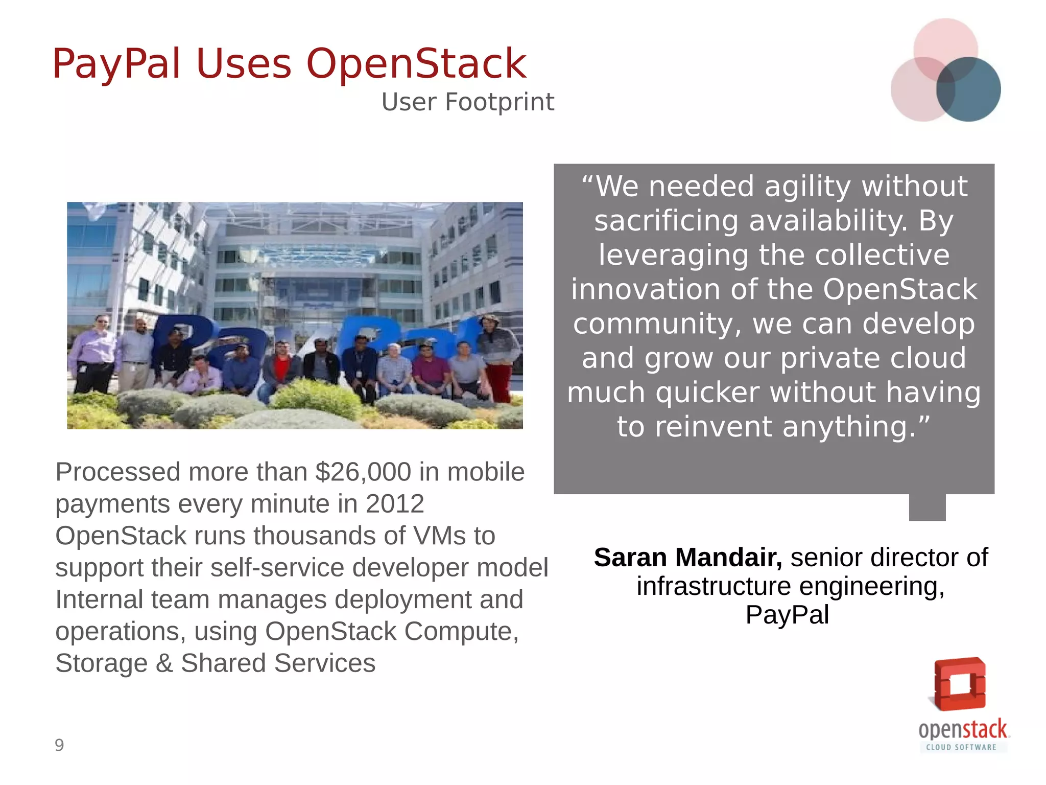 9
Processed more than $26,000 in mobile
payments every minute in 2012
OpenStack runs thousands of VMs to
support their self-service developer model
Internal team manages deployment and
operations, using OpenStack Compute,
Storage & Shared Services
“We needed agility without
sacrificing availability. By
leveraging the collective
innovation of the OpenStack
community, we can develop
and grow our private cloud
much quicker without having
to reinvent anything.”
Saran Mandair, senior director of
infrastructure engineering,
PayPal
PayPal Uses OpenStack
User Footprint
 