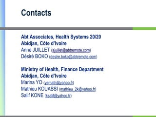 Expenditures for maternal and child health care represent 2.6% of THEGovernment health expendituresAs a financing agent for health, the government spent: 		US $191.2 million in 2007		US $204.5 million in 2008Overall, the national budget’s contribution remains weak, as spending for health budget is 5% of the total national budget