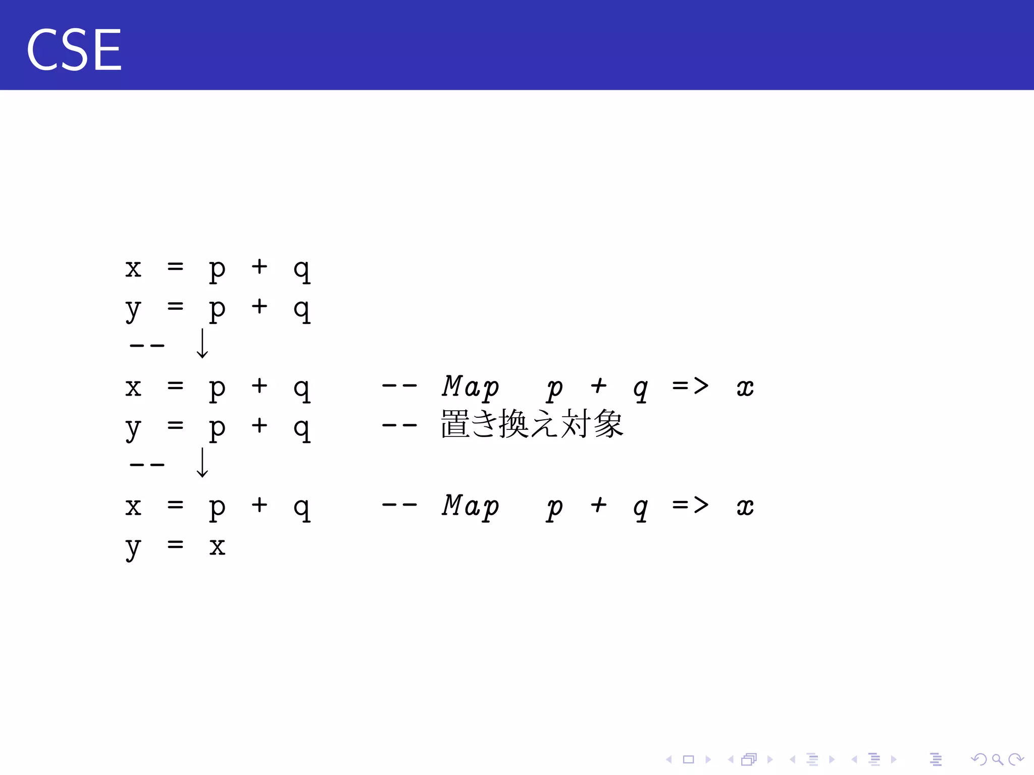CSE


      x = p   + q
      y = p   + q
      -- ↓
      x = p   + q   -- Map p + q = > x
      y = p   + q   -- 置き換え対象
      -- ↓
      x = p   + q   -- Map   p + q => x
      y = x




                                  .   .   .   .   .   .
 