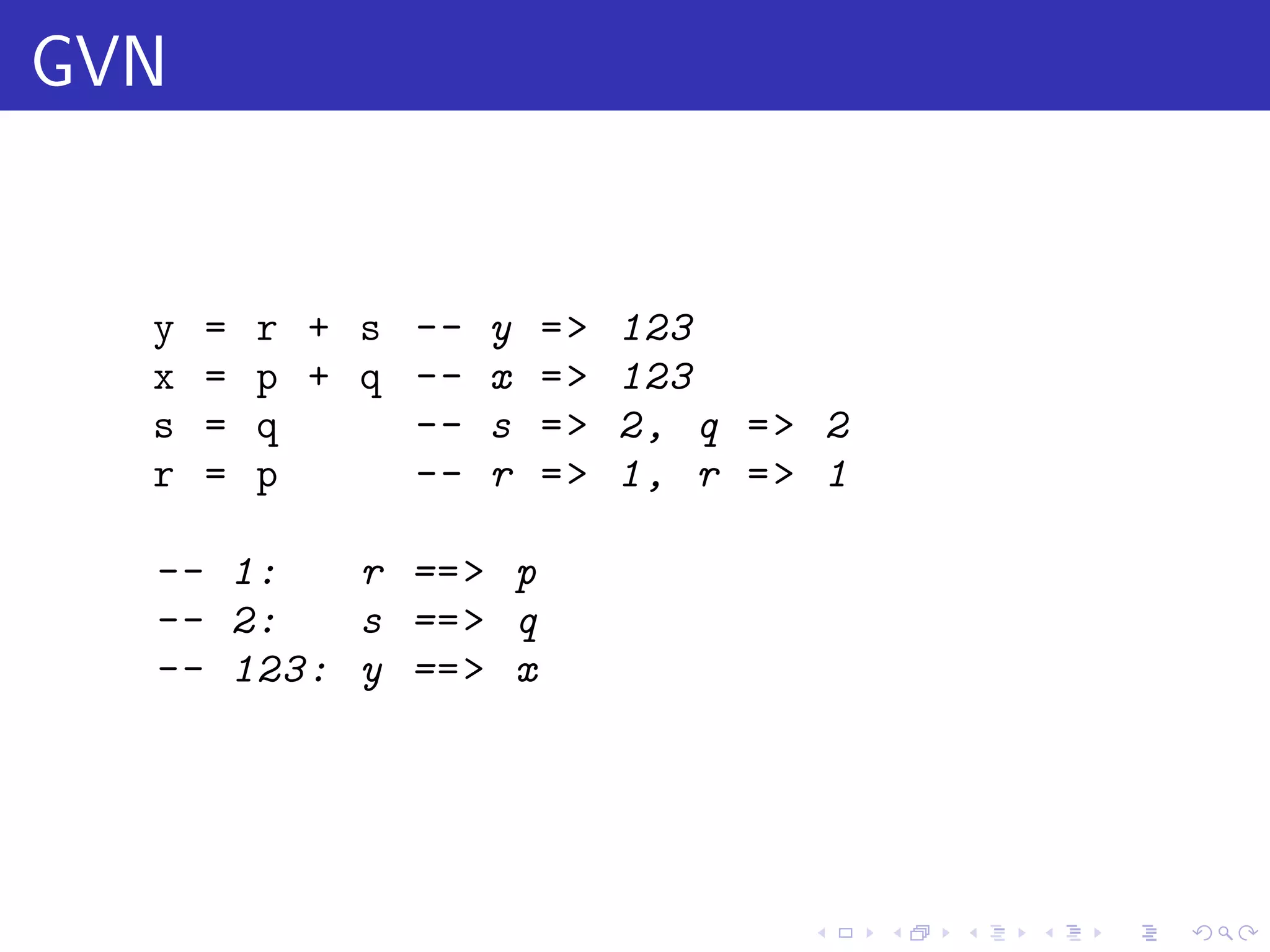 GVN


  y   =   r + s -- y   =>   123
  x   =   p + q -- x   =>   123
  s   =   q     -- s   =>   2, q = > 2
  r   =   p     -- r   =>   1, r = > 1

  -- 1:   r == > p
  -- 2:   s == > q
  -- 123: y == > x




                                    .    .   .   .   .   .
 