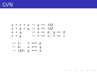 GVN


  y   =   r + s -- y   =>   123
  x   =   p + q -- x   =>   123
  s   =   q     -- s   =>   2, q = > 2
  r   =   p     -- r   =>   1, r = > 1

  -- 1:   r == > p
  -- 2:   s == > q
  -- 123: y == > x




                                    .    .   .   .   .   .
 