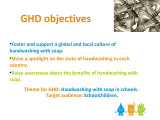 Objectives of this webinar Share information on Global Handwashing Day: background and achievements to date.  Inform on planned tools for GHD 2010. Strengthen links between GHD Steering Committee and participating organizations.    