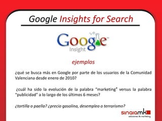 Google Insights for Search



                               ejemplos
¿qué se busca más en Google por parte de los usuarios de la Comunidad
Valenciana desde enero de 2010?

 ¿cuál ha sido la evolución de la palabra “marketing″ versus la palabra
“publicidad” a lo largo de los últimos 6 meses?

¿tortilla o paella? ¿precio gasolina, desempleo o terrorismo?
 