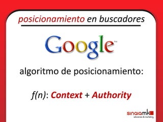posicionamiento en buscadores




algoritmo de posicionamiento:

   f(n): Context + Authority
 