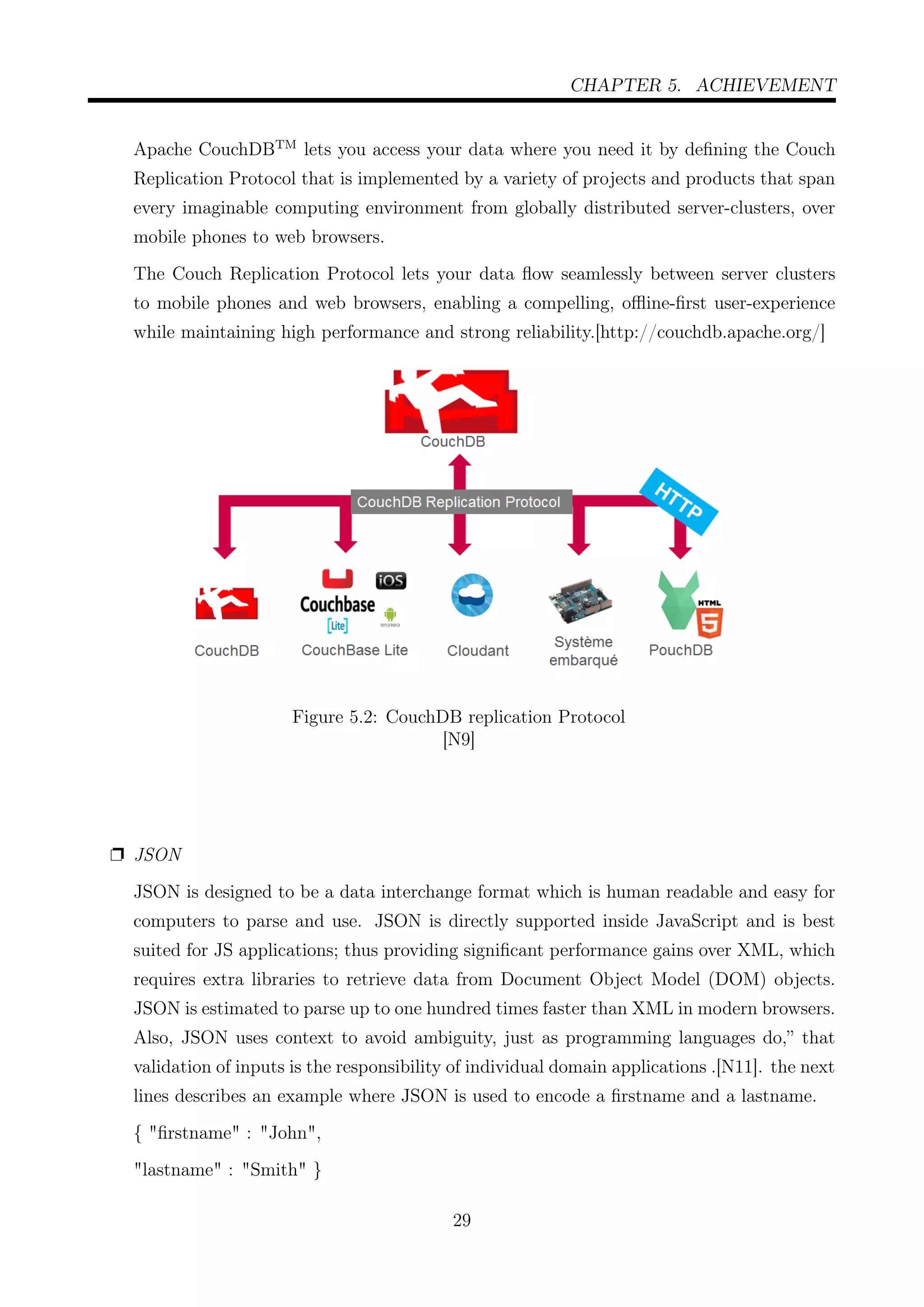 CHAPTER 5. ACHIEVEMENT
Apache CouchDBTM
lets you access your data where you need it by deﬁning the Couch
Replication Protocol that is implemented by a variety of projects and products that span
every imaginable computing environment from globally distributed server-clusters, over
mobile phones to web browsers.
The Couch Replication Protocol lets your data ﬂow seamlessly between server clusters
to mobile phones and web browsers, enabling a compelling, oﬄine-ﬁrst user-experience
while maintaining high performance and strong reliability.[http://couchdb.apache.org/]
Figure 5.2: CouchDB replication Protocol
[N9]
Ë JSON
JSON is designed to be a data interchange format which is human readable and easy for
computers to parse and use. JSON is directly supported inside JavaScript and is best
suited for JS applications; thus providing signiﬁcant performance gains over XML, which
requires extra libraries to retrieve data from Document Object Model (DOM) objects.
JSON is estimated to parse up to one hundred times faster than XML in modern browsers.
Also, JSON uses context to avoid ambiguity, just as programming languages do,” that
validation of inputs is the responsibility of individual domain applications .[N11]. the next
lines describes an example where JSON is used to encode a ﬁrstname and a lastname.
{ "ﬁrstname" : "John",
"lastname" : "Smith" }
29
 