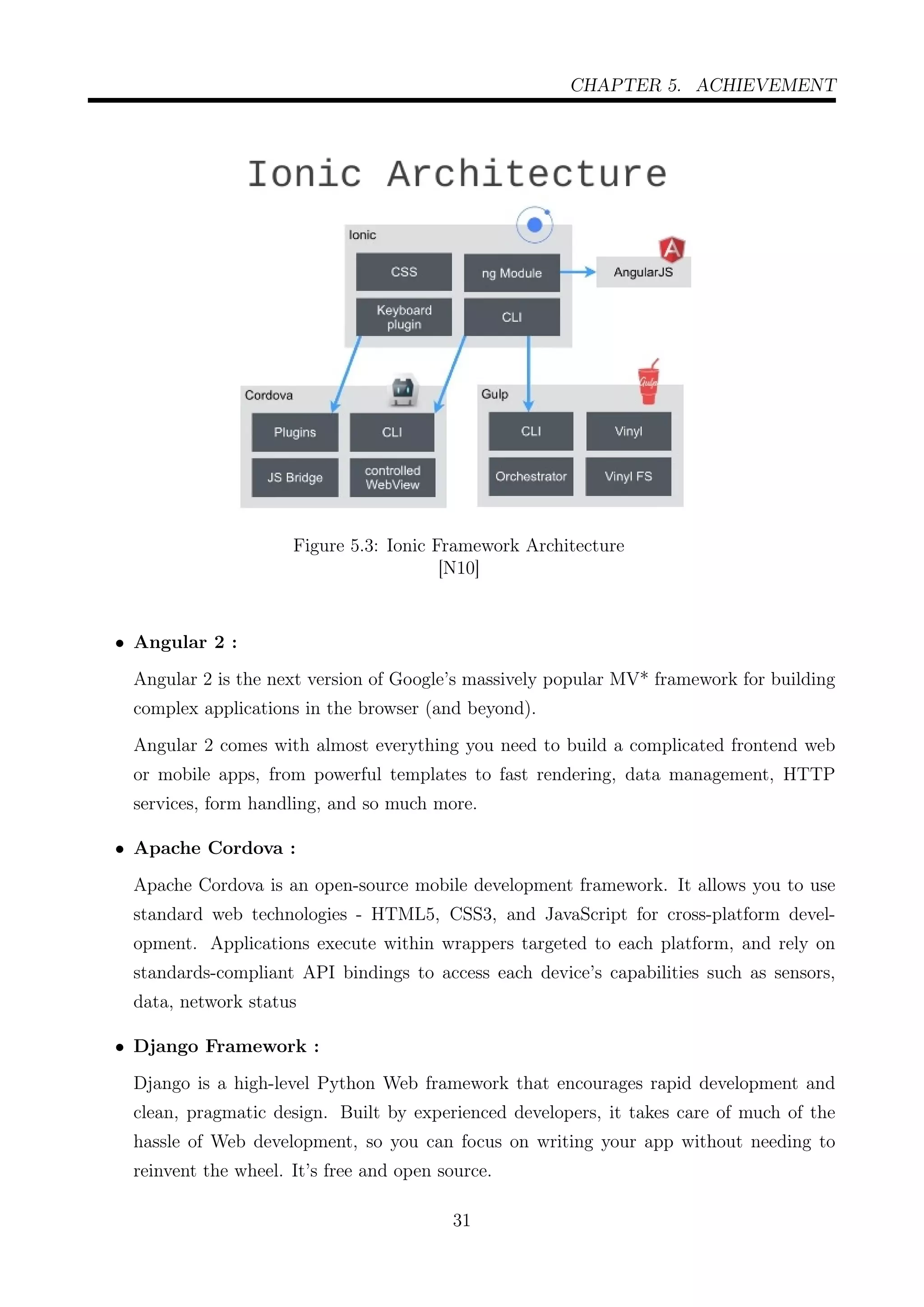 CHAPTER 5. ACHIEVEMENT
Figure 5.3: Ionic Framework Architecture
[N10]
• Angular 2 :
Angular 2 is the next version of Google’s massively popular MV* framework for building
complex applications in the browser (and beyond).
Angular 2 comes with almost everything you need to build a complicated frontend web
or mobile apps, from powerful templates to fast rendering, data management, HTTP
services, form handling, and so much more.
• Apache Cordova :
Apache Cordova is an open-source mobile development framework. It allows you to use
standard web technologies - HTML5, CSS3, and JavaScript for cross-platform devel-
opment. Applications execute within wrappers targeted to each platform, and rely on
standards-compliant API bindings to access each device’s capabilities such as sensors,
data, network status
• Django Framework :
Django is a high-level Python Web framework that encourages rapid development and
clean, pragmatic design. Built by experienced developers, it takes care of much of the
hassle of Web development, so you can focus on writing your app without needing to
reinvent the wheel. It’s free and open source.
31
 