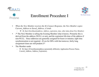 The Pouzin Society
© John Day, 2013
All Rights Reserved
13
Enrollment Procedure I
•  When the New Member receives the M_Connect Response, the New Member copies
Current_Address to Saved_Address, it sends
–  ! M_Start Enrollment(address, Address_expiration_time, other data about New Member)
•  /* The New Member is telling the Existing Member what it knows. Primarily this is
derived from the address (NULL or not), and the expiration life-time of the address if
non-NULL. Since addresses are generally assigned for hours or minutes, tight time
synchronization is not required. (Even for DIFs with fast turnover, fairly long
assignment times are still prudent.)*/
•  The Member sends
–  ! M_Start_R Enrollment(address (potentially different), Application Process Name,
Current_Address, Address_Expiration).
 