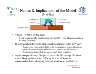© John Day, 2013 24
Rights Reserved
The Pouzin Society
Names  Implications of the Model
(Mobility)
•  Yea, so? What is the big deal?
–  It just works just like multihoming only the (N-1)-port-ids come and go a
bit more frequently.
•  O, worried about having to change address if it moves too far? Easy.
•  Assign a new synonym to it. Put it in the source address ﬁeld on all outgoing
trafﬁc. Stop advertising the old address as a route to this IPC-Process.
•  Want to renumber the DIF for some reason? Same procedure.
•  Again, no special cases. No special protocols. No concept of a home
router. Okay, policies in the DIF may be a bit different to
accommodate faster changing points of attachment, but that is it.
Address
Port -id
(N)-IPC-Process
(N-1)-IPC-Process
New Address
 