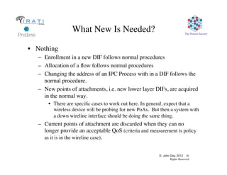 © John Day, 2013 26
Rights Reserved
The Pouzin Society
What New Is Needed?
•  Nothing
–  Enrollment in a new DIF follows normal procedures
–  Allocation of a ﬂow follows normal procedures
–  Changing the address of an IPC Process with in a DIF follows the
normal procedure.
–  New points of attachments, i.e. new lower layer DIFs, are acquired
in the normal way.
•  There are speciﬁc cases to work out here. In general, expect that a
wireless device will be probing for new PoAs. But then a system with
a down wireline interface should be doing the same thing.
–  Current points of attachment are discarded when they can no
longer provide an acceptable QoS (criteria and measurement is policy
as it is in the wireline case).
 