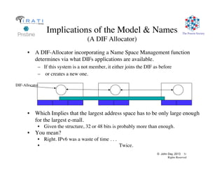 © John Day, 2013 31
Rights Reserved
The Pouzin Society
Implications of the Model  Names
(A DIF Allocator)
•  A DIF-Allocator incorporating a Name Space Management function
determines via what DIFs applications are available.
–  If this system is a not member, it either joins the DIF as before
–  or creates a new one.
•  Which Implies that the largest address space has to be only large enough
for the largest e-mall.
•  Given the structure, 32 or 48 bits is probably more than enough.
•  You mean?
•  Right. IPv6 was a waste of time . . .
•  Twice.
DIF-Allocator
 