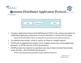 The Pouzin Society
© John Day, 2013
All Rights Reserved
6
Common Distributed Application Protocol
•  Common Application Connection Establishment (CACE) is the common procedure for
establishing application connections. It ensures that there is a known ﬁrst exchange.
–  Based on the OSI ACSE which was deﬁned to be used recursively and has hooks for. . .
•  An authentication module, which is a policy of whatever strength required.
•  CACE and an authentication module can be wrapped around any existing application
protocol, e.g. HTTP. (See the CACE speciﬁcation.)
•  CDAP provides the minimal six operations and a basic object-oriented functionality
scope and ﬁlter. (See the CDAP speciﬁcation.)
–  Would other programming paradigms lead to different functions?
CACE Authentication CDAP
 
