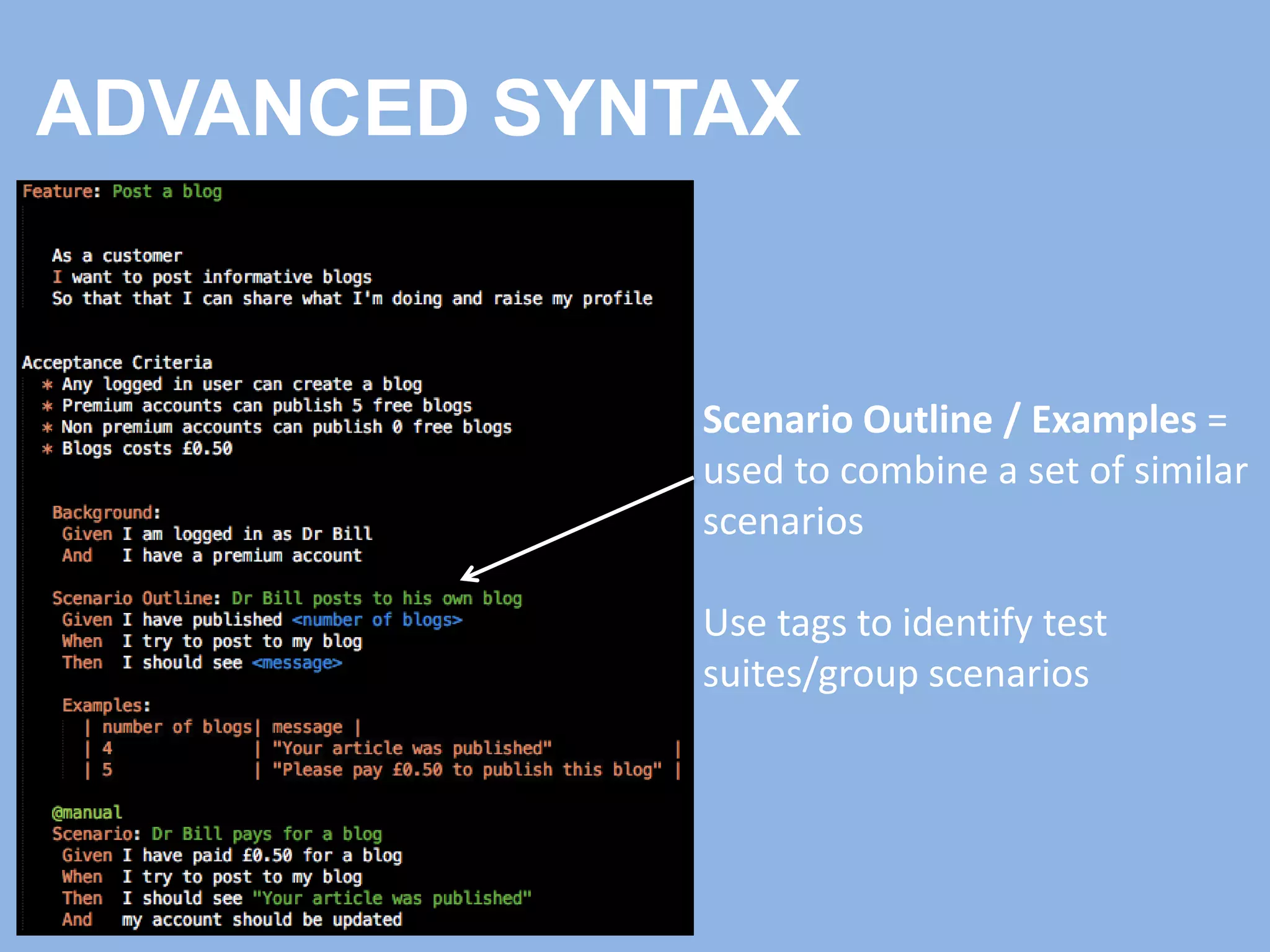 ADVANCED SYNTAX
Scenario Outline / Examples =
used to combine a set of similar
scenarios
Use tags to identify test
suites/group scenarios
 