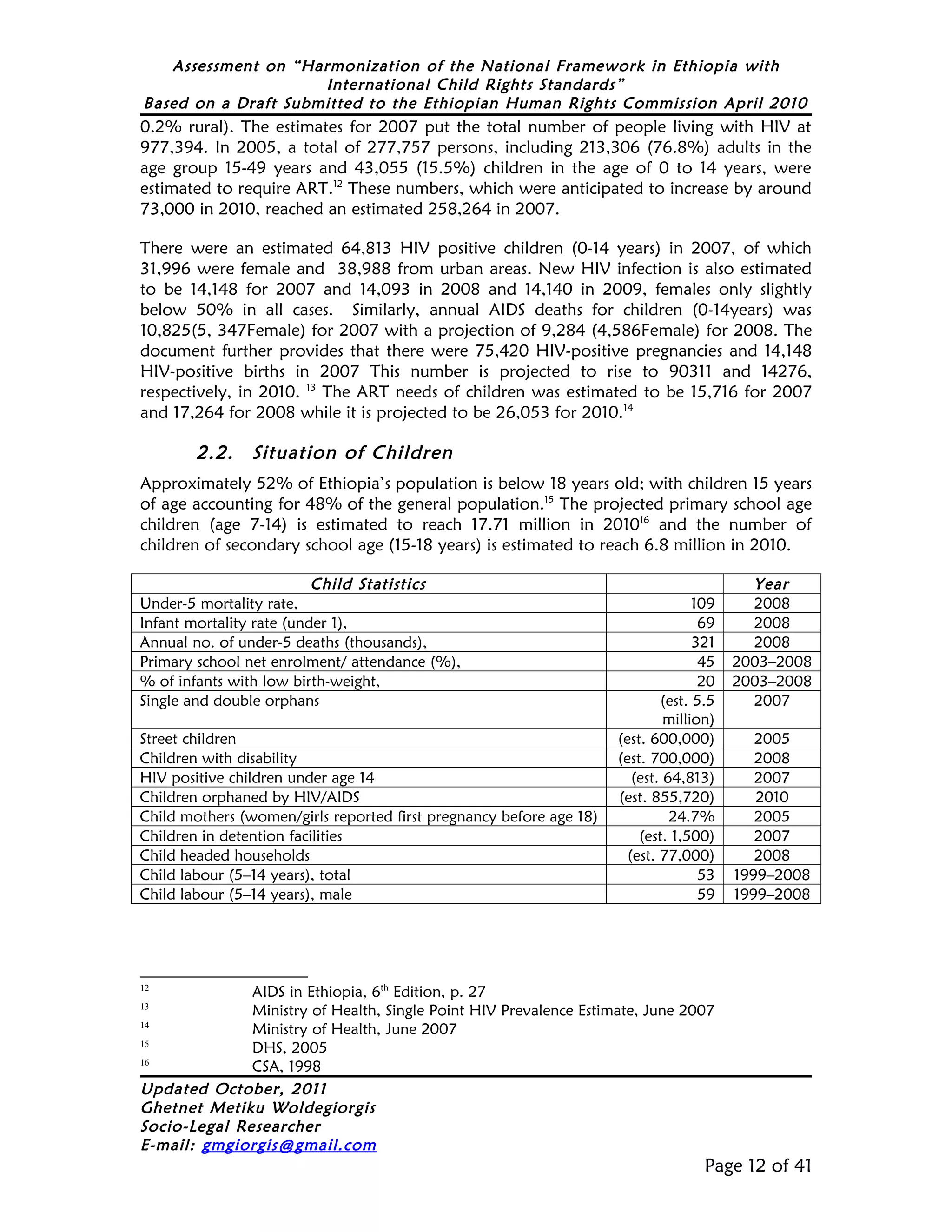 Assessment on “Harmonization of the National Framework in Ethiopia with
                     International Child Rights Standards”
Based on a Draft Submitted to the Ethiopian Human Rights Commission April 2010
0.2% rural). The estimates for 2007 put the total number of people living with HIV at
977,394. In 2005, a total of 277,757 persons, including 213,306 (76.8%) adults in the
age group 15-49 years and 43,055 (15.5%) children in the age of 0 to 14 years, were
estimated to require ART.12 These numbers, which were anticipated to increase by around
73,000 in 2010, reached an estimated 258,264 in 2007.

There were an estimated 64,813 HIV positive children (0-14 years) in 2007, of which
31,996 were female and 38,988 from urban areas. New HIV infection is also estimated
to be 14,148 for 2007 and 14,093 in 2008 and 14,140 in 2009, females only slightly
below 50% in all cases. Similarly, annual AIDS deaths for children (0-14years) was
10,825(5, 347Female) for 2007 with a projection of 9,284 (4,586Female) for 2008. The
document further provides that there were 75,420 HIV-positive pregnancies and 14,148
HIV-positive births in 2007 This number is projected to rise to 90311 and 14276,
respectively, in 2010. 13 The ART needs of children was estimated to be 15,716 for 2007
and 17,264 for 2008 while it is projected to be 26,053 for 2010.14

        2.2.    Situation of Children
Approximately 52% of Ethiopia’s population is below 18 years old; with children 15 years
of age accounting for 48% of the general population.15 The projected primary school age
children (age 7-14) is estimated to reach 17.71 million in 201016 and the number of
children of secondary school age (15-18 years) is estimated to reach 6.8 million in 2010.

                          Child Statistics                                                 Year
Under-5 mortality rate,                                                            109     2008
Infant mortality rate (under 1),                                                    69     2008
Annual no. of under-5 deaths (thousands),                                          321     2008
Primary school net enrolment/ attendance (%),                                       45   2003–2008
% of infants with low birth-weight,                                                 20   2003–2008
Single and double orphans                                                    (est. 5.5     2007
                                                                              million)
Street children                                                      (est. 600,000)         2005
Children with disability                                             (est. 700,000)         2008
HIV positive children under age 14                                      (est. 64,813)       2007
Children orphaned by HIV/AIDS                                        (est. 855,720)         2010
Child mothers (women/girls reported first pregnancy before age 18)             24.7%        2005
Children in detention facilities                                         (est. 1,500)       2007
Child headed households                                                (est. 77,000)        2008
Child labour (5–14 years), total                                                    53   1999–2008
Child labour (5–14 years), male                                                     59   1999–2008




12
              AIDS in Ethiopia, 6th Edition, p. 27
13
              Ministry of Health, Single Point HIV Prevalence Estimate, June 2007
14
              Ministry of Health, June 2007
15
              DHS, 2005
16
              CSA, 1998
Updated October, 2011
Ghetnet Metiku Woldegiorgis
Socio-Legal Researcher
E-mail: gmgiorgis@gmail.com
                                                                                    Page 12 of 41
 