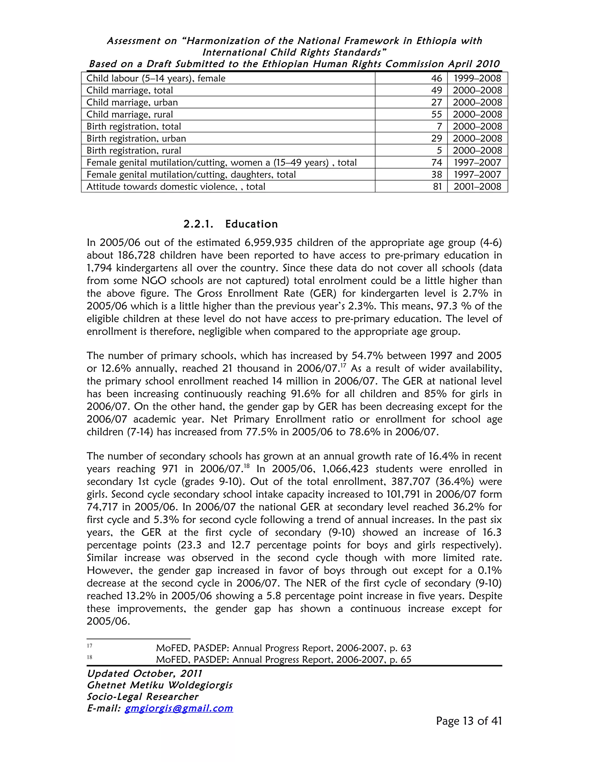 Assessment on “Harmonization of the National Framework in Ethiopia with
                            International Child Rights Standards”
Based on a Draft Submitted to the Ethiopian Human Rights Commission April 2010
Child labour (5–14 years), female                                 46 1999–2008
Child marriage, total                                             49 2000–2008
Child marriage, urban                                             27 2000–2008
Child marriage, rural                                             55 2000–2008
Birth registration, total                                          7 2000–2008
Birth registration, urban                                         29 2000–2008
Birth registration, rural                                          5 2000–2008
Female genital mutilation/cutting, women a (15–49 years) , total  74 1997–2007
Female genital mutilation/cutting, daughters, total               38 1997–2007
Attitude towards domestic violence, , total                       81 2001–2008


                     2.2.1.   Education
In 2005/06 out of the estimated 6,959,935 children of the appropriate age group (4-6)
about 186,728 children have been reported to have access to pre-primary education in
1,794 kindergartens all over the country. Since these data do not cover all schools (data
from some NGO schools are not captured) total enrolment could be a little higher than
the above figure. The Gross Enrollment Rate (GER) for kindergarten level is 2.7% in
2005/06 which is a little higher than the previous year’s 2.3%. This means, 97.3 % of the
eligible children at these level do not have access to pre-primary education. The level of
enrollment is therefore, negligible when compared to the appropriate age group.

The number of primary schools, which has increased by 54.7% between 1997 and 2005
or 12.6% annually, reached 21 thousand in 2006/07.17 As a result of wider availability,
the primary school enrollment reached 14 million in 2006/07. The GER at national level
has been increasing continuously reaching 91.6% for all children and 85% for girls in
2006/07. On the other hand, the gender gap by GER has been decreasing except for the
2006/07 academic year. Net Primary Enrollment ratio or enrollment for school age
children (7-14) has increased from 77.5% in 2005/06 to 78.6% in 2006/07.

The number of secondary schools has grown at an annual growth rate of 16.4% in recent
years reaching 971 in 2006/07.18 In 2005/06, 1,066,423 students were enrolled in
secondary 1st cycle (grades 9-10). Out of the total enrollment, 387,707 (36.4%) were
girls. Second cycle secondary school intake capacity increased to 101,791 in 2006/07 form
74,717 in 2005/06. In 2006/07 the national GER at secondary level reached 36.2% for
first cycle and 5.3% for second cycle following a trend of annual increases. In the past six
years, the GER at the first cycle of secondary (9-10) showed an increase of 16.3
percentage points (23.3 and 12.7 percentage points for boys and girls respectively).
Similar increase was observed in the second cycle though with more limited rate.
However, the gender gap increased in favor of boys through out except for a 0.1%
decrease at the second cycle in 2006/07. The NER of the first cycle of secondary (9-10)
reached 13.2% in 2005/06 showing a 5.8 percentage point increase in five years. Despite
these improvements, the gender gap has shown a continuous increase except for
2005/06.

17
              MoFED, PASDEP: Annual Progress Report, 2006-2007, p. 63
18
              MoFED, PASDEP: Annual Progress Report, 2006-2007, p. 65
Updated October, 2011
Ghetnet Metiku Woldegiorgis
Socio-Legal Researcher
E-mail: gmgiorgis@gmail.com
                                                                             Page 13 of 41
 