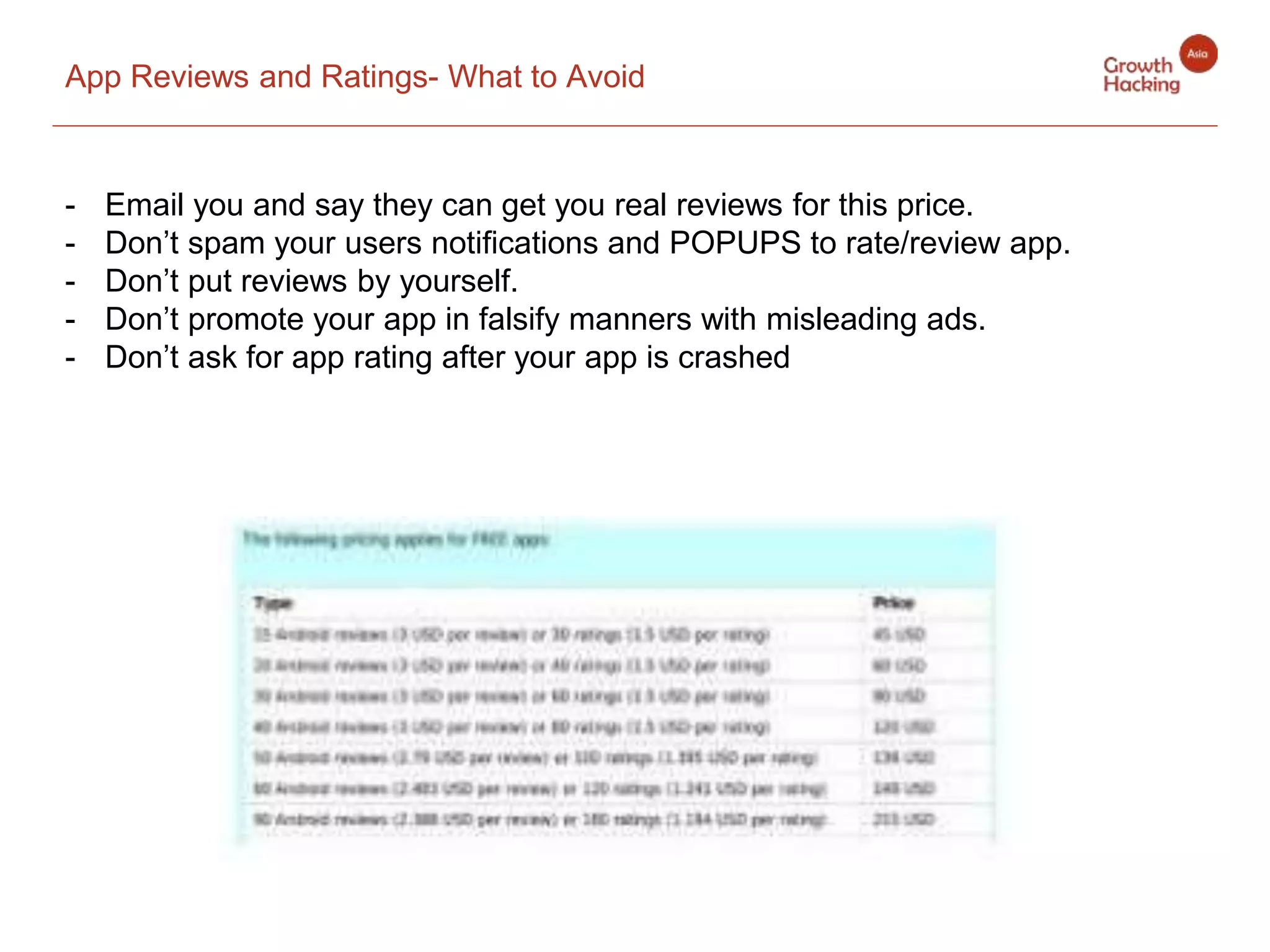App Reviews and Ratings- What to Avoid
- Email you and say they can get you real reviews for this price.
- Don’t spam your users notifications and POPUPS to rate/review app.
- Don’t put reviews by yourself.
- Don’t promote your app in falsify manners with misleading ads.
- Don’t ask for app rating after your app is crashed
 