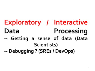 Exploratory / Interactive 
Data Processing 
-- Getting a sense of data (Data 
Scientists) 
-- Debugging ? (SREs / DevOps) 
14 
 