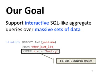 Support interactive SQL-like aggregate 
queries over massive sets of data 
blinkdb> SELECT AVG(jobtime) 
FROM very_big_log 
WHERE src = ‘hadoop’ 
FILTERS, GROUP BY clauses 
Our Goal 
19 
 