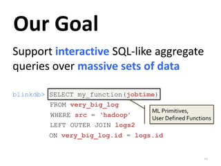 Support interactive SQL-like aggregate 
queries over massive sets of data 
blinkdb> SELECT my_function(jobtime) 
FROM very_big_log 
WHERE src = ‘hadoop’ 
LEFT OUTER JOIN logs2 
ON very_big_log.id = logs.id 
ML Primitives, 
User Defined Functions 
Our Goal 
21 
 