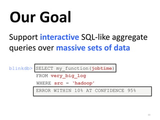 Our Goal 
Support interactive SQL-like aggregate 
queries over massive sets of data 
blinkdb> SELECT my_function(jobtime) 
FROM very_big_log 
WHERE src = ‘hadoop’ 
ERROR WITHIN 10% AT CONFIDENCE 95% 
22 
 