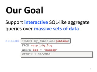 Our Goal 
Support interactive SQL-like aggregate 
queries over massive sets of data 
blinkdb> SELECT my_function(jobtime) 
FROM very_big_log 
WHERE src = ‘hadoop’ 
WITHIN 5 SECONDS 
23 
 