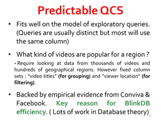 Predictable QCS 
• Fits well on the model of exploratory queries. 
(Queries are usually distinct but most will use 
the same column) 
• What kind of videos are popular for a region ? 
- Require looking at data from thousands of videos and 
hundreds of geographical regions. However fixed column 
sets : “video titles” (for grouping) and “viewer location” (for 
filtering). 
• Backed by empirical evidence from Conviva & 
Facebook. Key reason for BlinkDB 
efficiency. ( Lots of work in Database theory)36 
 