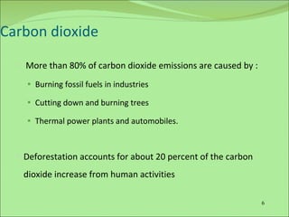 Carbon dioxide More than 80% of carbon dioxide emissions are caused by : Burning fossil fuels in industries Cutting down and burning trees  Thermal power plants and automobiles.  Deforestation accounts for about 20 percent of the carbon dioxide increase from human activities 