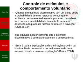 Ψ
Controle de estímulos e
comportamento voluntário
● “Quando um estímulo discriminativo tem um efeito sobre
a probabilidade de uma resposta, vemos que o
ambiente presente é realmente importante, mas não é
fácil provar a inevitabilidade do controle sem uma
descrição adequada da história de reforço e privação”
(CCH, p. 124)
● Isso equivale a dizer somente que o estímulo
discriminativo é correlacionado com a consequência
● “Essa é toda a explicação: a discriminação provém da
história. Nada de mental – normalmente nada nem
mesmo privado – entra na explicação” (Baum, 2004)
SD
s e S∆
s
Voluntário e
involuntário
Repertório
discriminativo
Atenção
Relações
temporais
 