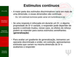 Ψ
Estímulos contínuos
● A maior parte dos estímulos discriminativos varia em mais de
uma dimensão, e essas dimensões são contínuas
– Ex: Um estímulo luminoso pode variar em luminância e cor
●
Se uma resposta é reforçada em durante um SD, e alguma
propriedade do SD é variada, o responder pode depender de
quanto o estímulo mudou; nesse caso, os efeitos do reforço
podem se estender para outros estímulos semelhantes
(generalização)
●
Para avaliar um gradiente de generalização, treinamos um
operante discriminado e então, em extinção, apresentamos
estímulos que variam na mesma dimensão do SD e
avaliamos o responder
SD
s e S∆
s
Voluntário e
involuntário
Repertório
discriminativo
Atenção
Relações
temporais
 
