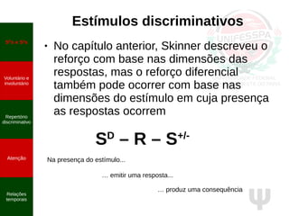 Ψ
Estímulos discriminativos
SD
s e S∆
s
Voluntário e
involuntário
Repertório
discriminativo
Atenção
● No capítulo anterior, Skinner descreveu o
reforço com base nas dimensões das
respostas, mas o reforço diferencial
também pode ocorrer com base nas
dimensões do estímulo em cuja presença
as respostas ocorrem
Relações
temporais
SD
– R – S+/-
Na presença do estímulo...
… emitir uma resposta...
… produz uma consequência
 