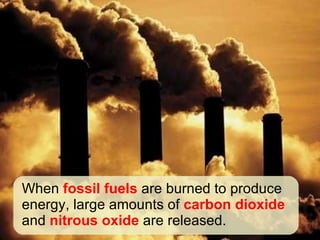 When  fossil fuels  are burned to produce energy, large amounts of  carbon dioxide  and  nitrous oxide  are released. 