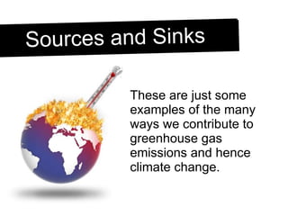 These are just some examples of the many ways we contribute to greenhouse gas emissions and hence climate change. Sources and Sinks 