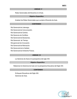 0051
UNIDAD: V
Roles Gerenciales del Docente en el Aula.
Objetivo Específico
Analizar los Roles Gerenciales que cumple el Docente de Aula.
CONTENIDO
Rol Gerencial de Liderazgo.
Rol Gerencial de Comunicación.
Rol Gerencial de Cambio.
Rol Gerencia de Conflicto.
Rol Gerencial de Decisiones.
Rol Gerencial de Tiempo.
Rol gerencial de Innovación.
Rol Gerencial de Motivación.
Rol Gerencial de la Calidad.
Rol Gerencial de Ambiente Físicos.
UNIDAD: VI
La Gerencia de Aula en la perspectiva del siglo XXI.
Objetivo Específico
Relacionar la Gerencia de Aula con la perspectiva Educativa del Siglo XXI.
CONTENIDO
Enfoques Educativos del Siglo XXI.
Gerencia de Aula.
 