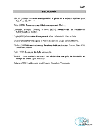 0053
BIBLIOGRAFÍA
Bell, R. (1984) Classroom management: A gallon in a pinpot? Systems (Vol.
12), N°. 2 pp.107-115.
Bittel, (1992). Curso mcgraw-hill de management. Madrid.
Campbell, Bridges, Corbally y otros (1971) Introducción to educational
Administration, Boston.
Doyle (1980) Classroom Managament. West Lafayette IN: Kappa Delta.
Drucker (1993) Gerencia para el futuro.Barcelona. Grupo Editorial Norma.
Pfeffers (1987) Organizaciones y Teoría de la Organización. Buenos Aires. Edit.
Librería El Ateneo.
Ruiz, (1992) Gerencia de Aula. Venezuela.
Salazar. (1993) Gerencia de Aula: una alternativa vital para la educación en
tiempo de crisis. Upel. Maracay.
Salazar. (1998) La Gerencia en el Entorno Educativo. Venezuela.
 