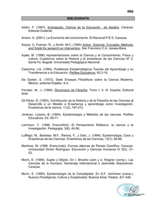 006
BIBLIOGRAFÍA
Adam. F. (1987). Andragogía. Ciencia de la Educación de Adultos. Caracas:
Editorial Grafante
Amaro. A. (2001). La Economía del conocimiento. El Nacional P.E-5. Caracas.
Argrys. C; Putman. R., y Smith. M.C. (1985) Action Sciencie: Concepts, Methods,
and Sckils for serearch an intervention. San Francisco C.A. Jassey-Bass.
Ayala. M. (1996) representaciones sobre la Ciencia y el Conocimiento. Física y
cultura: Cuadernos sobre la Historia y la enseñanza de las Ciencias Nº 2.
Santa Fe. Bogotá: Universidad Pedagógica Nacional.
Castorina. J.A. (1994). Problemas Epistemológicos Teorías del Aprendizaje y su
Transferencia a la Educación. Perfiles Educativos, 65,3-16.
De Gortari, E. (1973). Siete Ensayos Filosóficos sobre la Ciencia Moderna.
México: editorial Grijalbo, S.A.
Ferrater. M., J. (1994). Diccionario de Filosofía. Tomo I, II, III. España: Editorial
Arial.
Gil Pérez. D. (1993). Contribución de la Historia y de la Filosofía de las Ciencias al
Desarrollo e un Modelo e Enseñanza y aprendizaje como Investigación.
Enseñanza de la ciencia. 11(2), 197-212.
Jiménez, Lozano, B. (1994). Epistemología y Métodos de las ciencias. Perfiles
Educativos, 63, 59-71.
Larrinson. F. (1986, Enero/Abril). El Pensamiento Reflexivo, la ciencia y la
Investigación. Pedagogía, 3(6), 45-56.
Lufflego, M., Bastidas. M.F., Ramos, F., y Solo, J. (1994). Epistemología, Caos y
Enseñanza de las Ciencias. Enseñanza de las Ciencias, 12(1), 89-96.
Martínez, M. (1996, Enero/Julio). Formas alternas de Pensar Científico. Caracas:
Universidad Simón Rodríguez. Educación y Ciencias Humanas IV (63), 31-
53.
Morín, E. (1989). Sujeto y Objeto. En r. Briceño León y e, Wagner (comp.). Las
Ciencias de lo Humano: Homenaje Internacional a Jeannette Abauhamad.
Caracas.
Morín, E. (1995). Epistemología de la Complejidad. En D.F. Achnitran (comp.).
Nuevos Paradigmas, Cultura y Subjetividad. Buenos Aires: Paidos, 421-446.
 