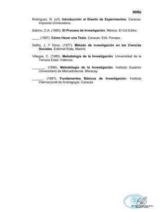 0086
Rodríguez, N. (s/f). Introducción al Diseño de Experimentos. Caracas:
Imprenta Universitaria.
Sabino, C.A. (1980). El Proceso de Investigación. México: El Cid Editor.
____ (1987). Cómo Hacer una Tesis. Caracas: Edit. Panapo.
Selltiz, J. Y Otros. (1977). Método de investigación en las Ciencias
Sociales. Editorial Rialp. Madrid.
Villegas, C. (1989). Metodología de la Investigación. Universidad de la
Tercera Edad. Valencia.
_______. (1990). Metodología de la Investigación. Instituto Superior
Universitario de Mercadotecnia. Maracay.
______. (1997). Fundamentos Básicos de Investigación. Instituto
Internacional de Andragogía. Caracas.
 