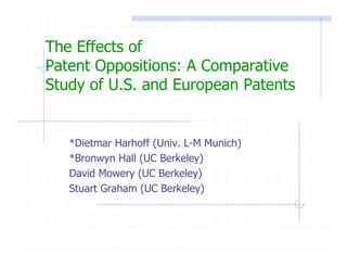 The Effects of
Patent Oppositions: A Comparative
Study of U.S. and European Patents


   *Dietmar Harhoff (Univ. L-M Munich)
   *Bronwyn Hall (UC Berkeley)
   David Mowery (UC Berkeley)
   Stuart Graham (UC Berkeley)
 